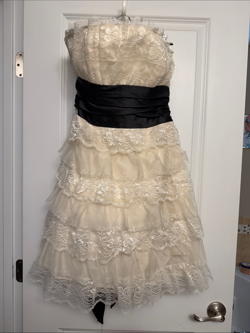 Girls Ivory Lace Strapless Party Dress with Black Sash
